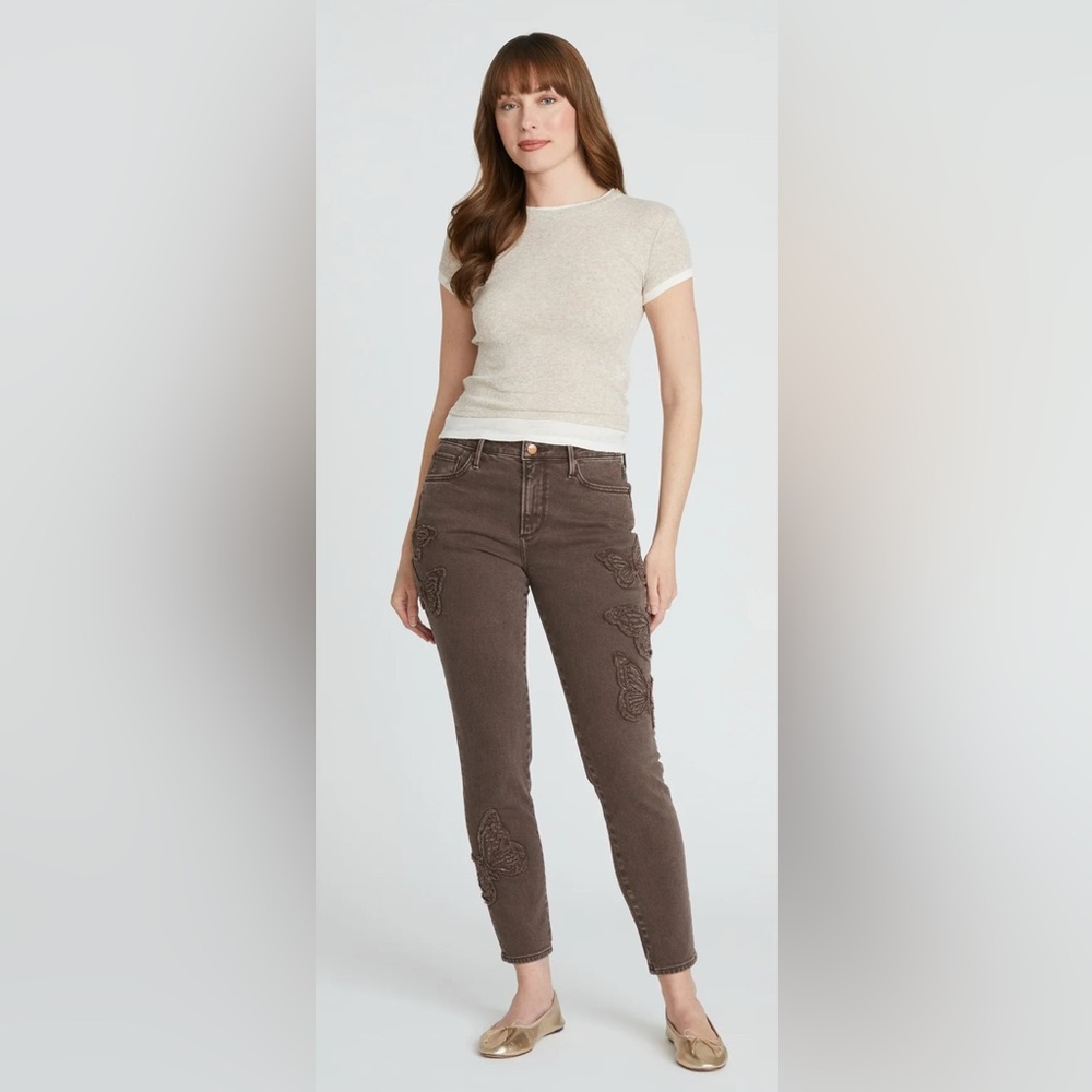 Jackie Skinny- Embroidered Butterfly Patchwork Jeans - Brown, EUC, 33